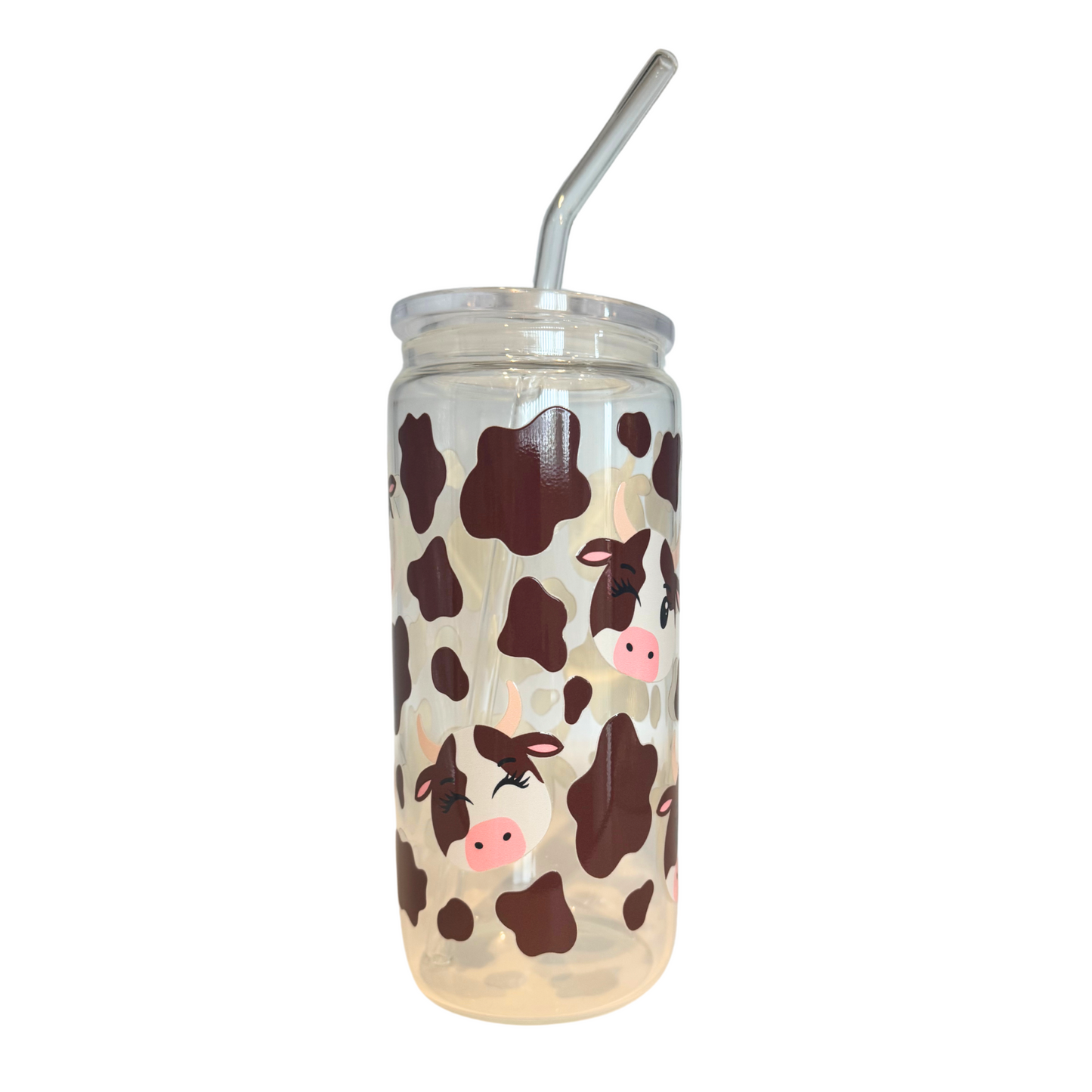 Brown Cow Print 600ml Glass (20oz) Can Cup