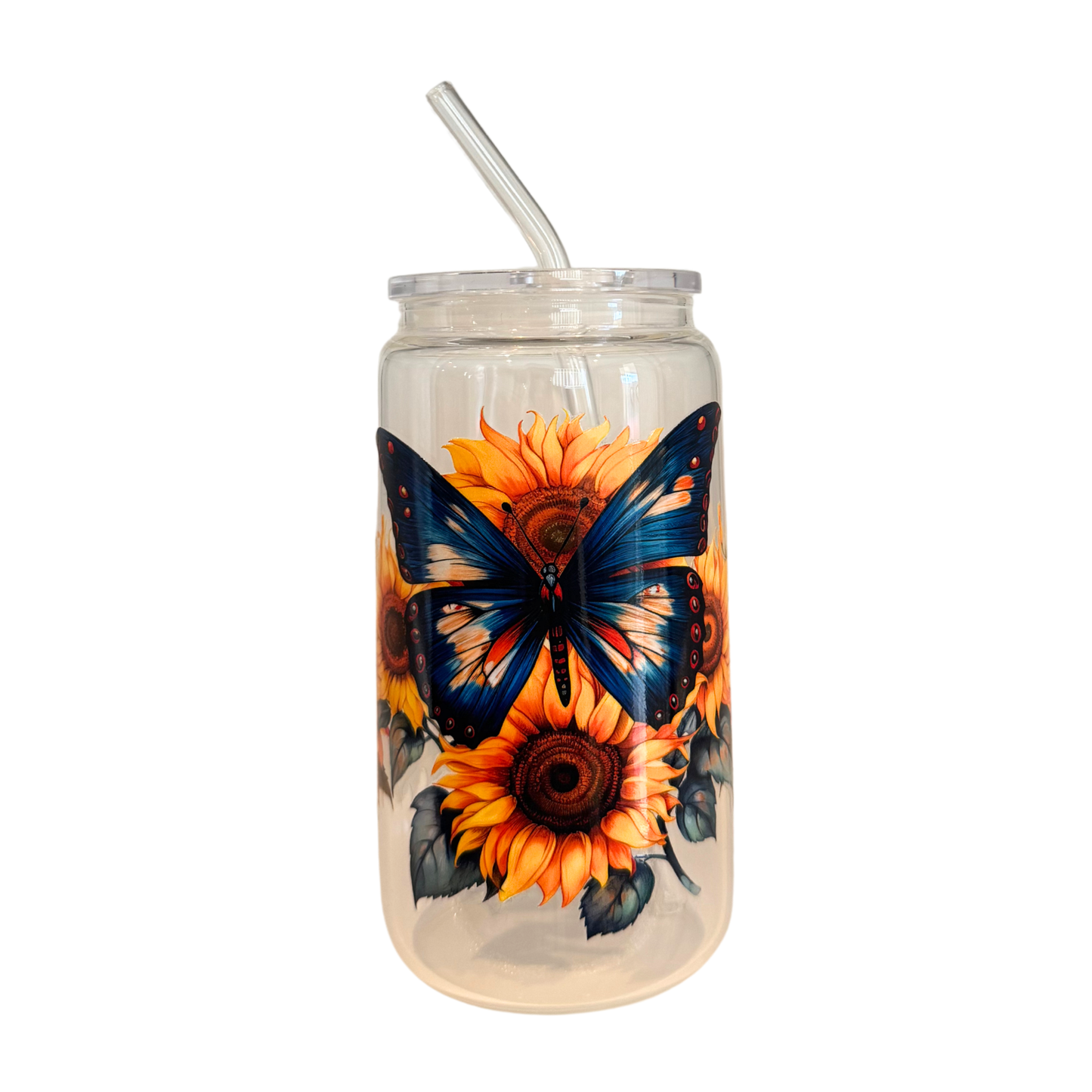 Butterfly Sunflower 500ml Glass (16oz) Can Cup
