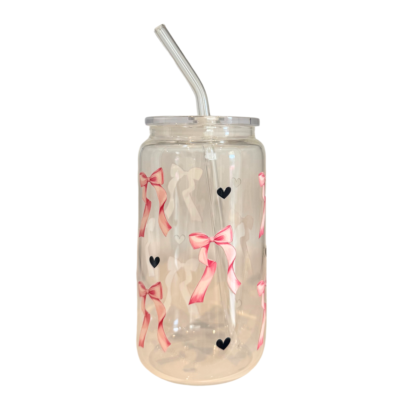 Bows + Hearts 500ml Glass (16oz) Can Cup