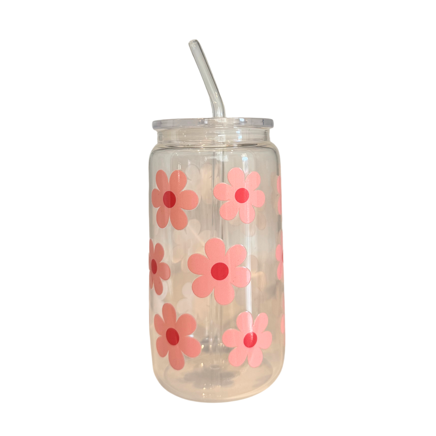 Pink Flowers 500ml Glass (16oz) Can Cup