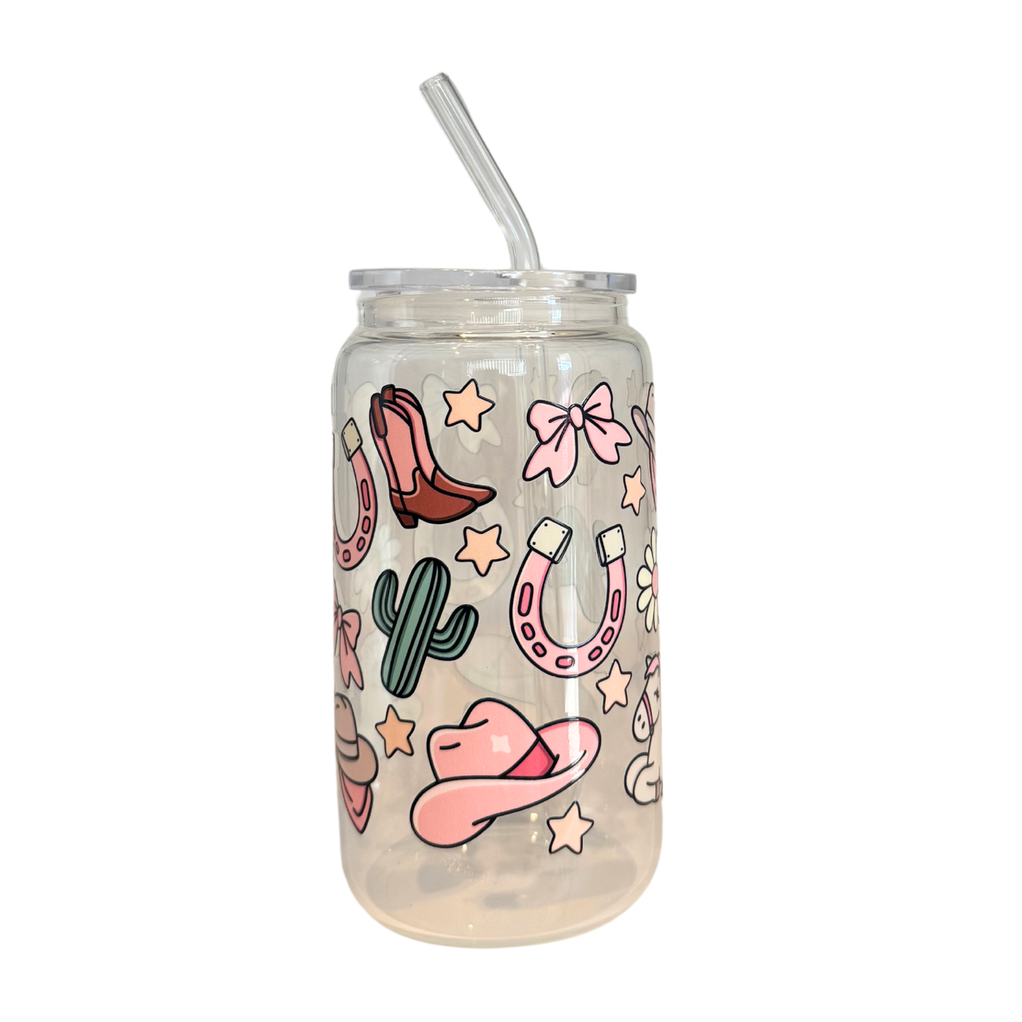 Cutesy Cowgirl 500ml Glass (16oz) Can Cup