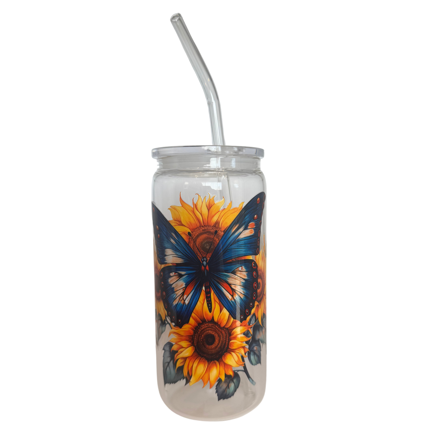 Butterfly Sunflower 600ml Glass (20oz) Can Cup
