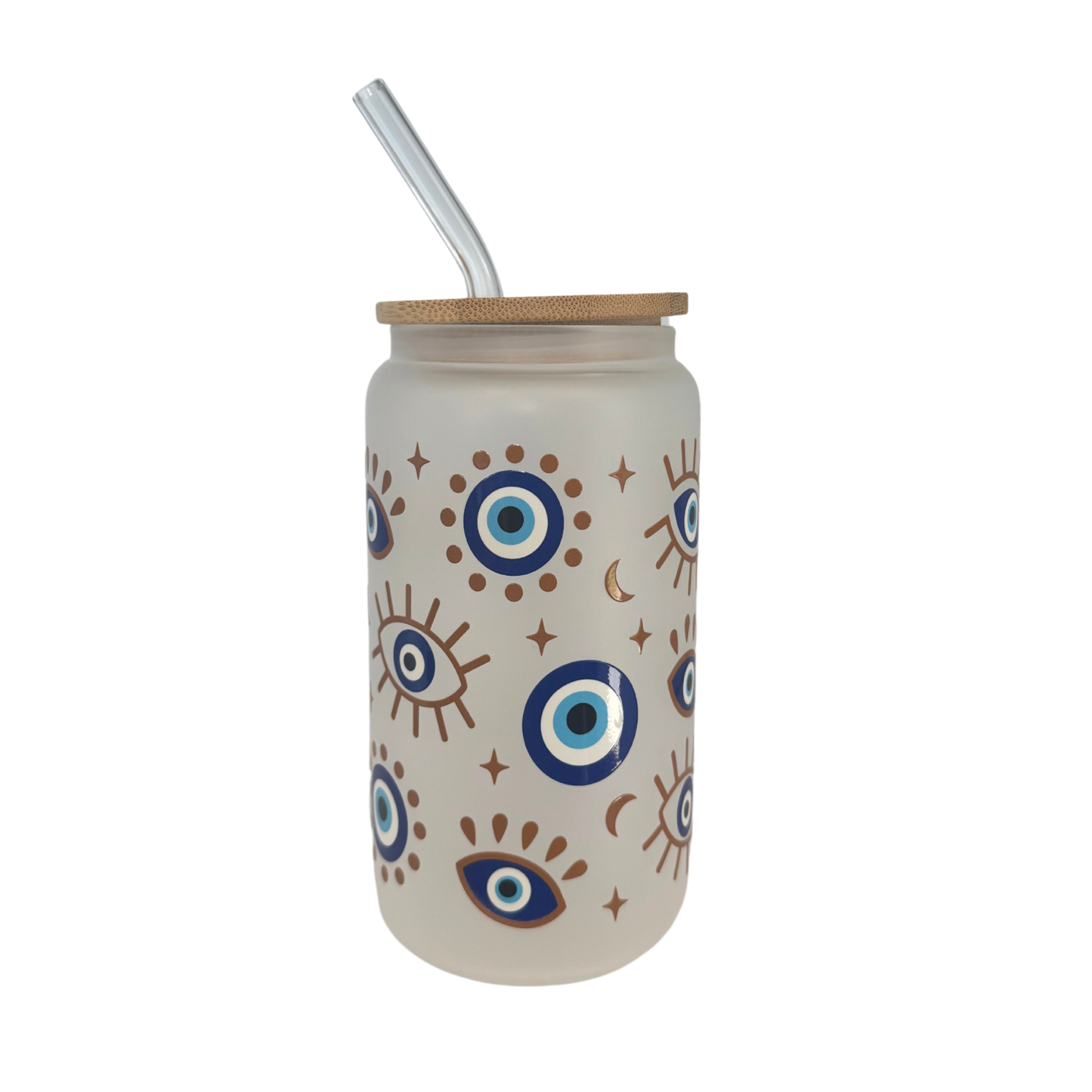 Blue Evil Eye Frosted Glass 500ml (16oz) Can Cup
