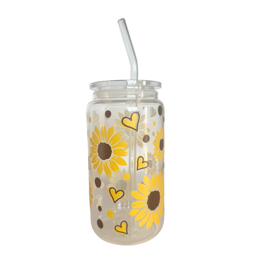 DISHWASHER SAFE- Sunflower 500ml (16oz) Glass Can Cup