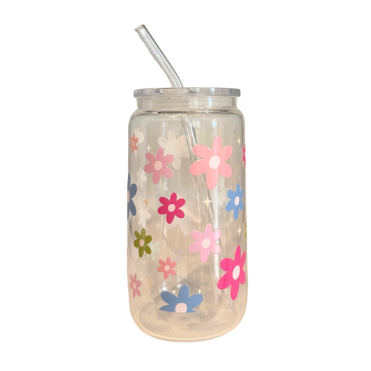 Dainty Flowers 500ml Glass (16oz) Can Cup