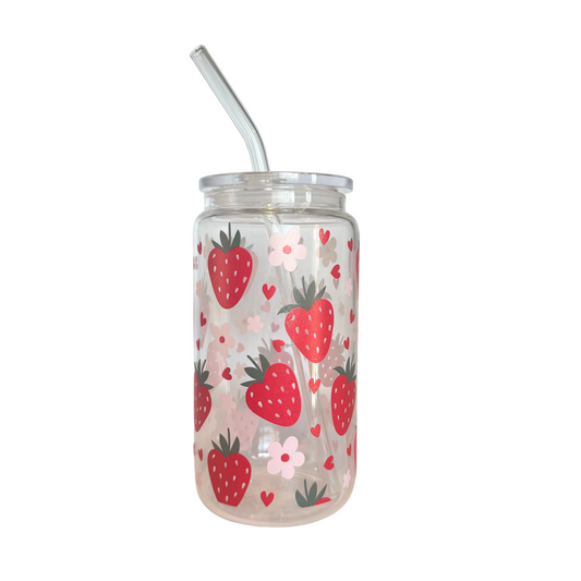 DISHWASHER SAFE- Strawberry 500ml (16oz) Glass Can Cup