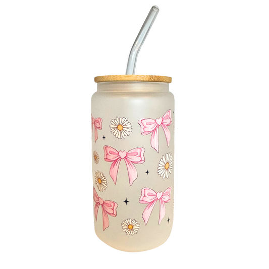Cute Bows & Flowers Frosted Glass 500ml (16oz) Can Cup