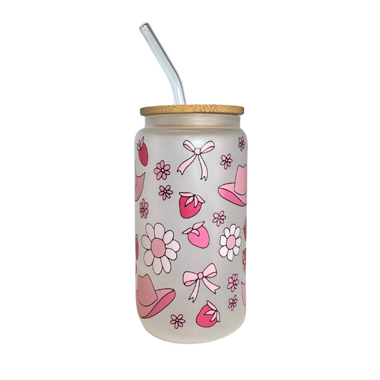 DISHWASHER SAFE- Sweet Pink Rodeo Frosted 500ml (16oz) Glass Can Cup