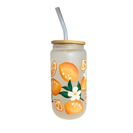 Lemon Flowers Frosted Glass 500ml (16oz) Can Cup