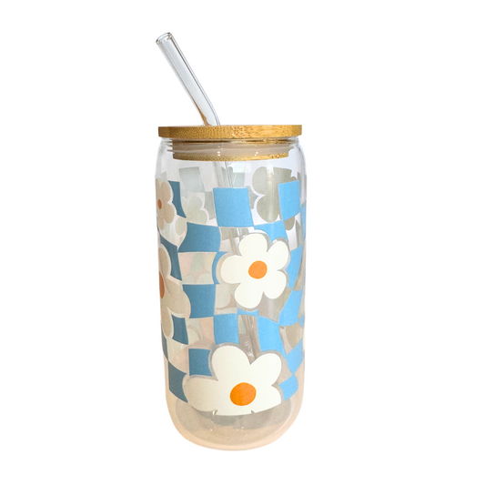 Blue Checkered 470ml Glass (16oz) Can Cup