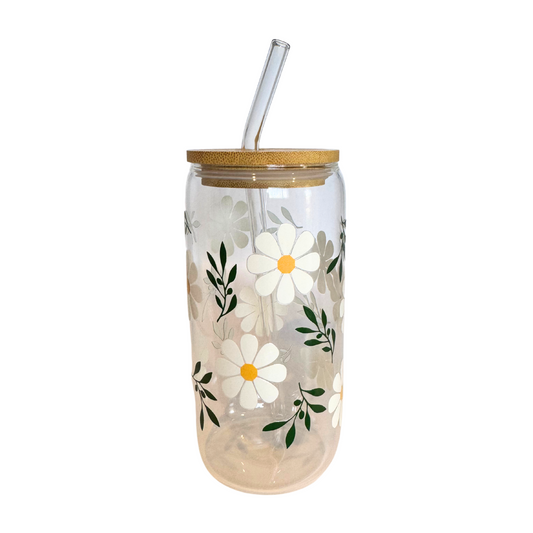 White Flower Leaf 470ml Glass (16oz) Can Cup