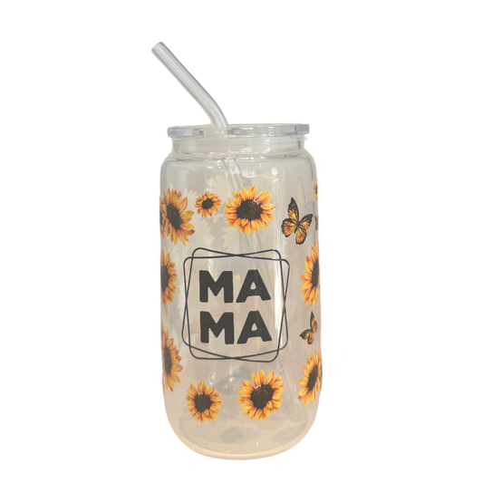 Mama Sunflower 500ml Glass (16oz) Can Cup