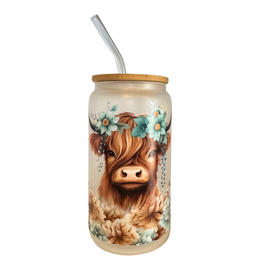 DISHWASHER SAFE- Blue Highland Cow Frosted 500ml (16oz) Glass Can Cup