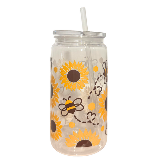 Sunflower + Bees Acrylic 500ml (16oz) Can Cup