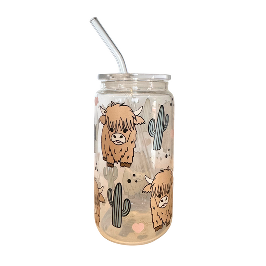 DISHWASHER SAFE- Cactus Highland Cow 500ml (16oz) Glass Can Cup