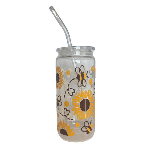 Sunflower + Bees 600ml Glass (20oz) Can Cup