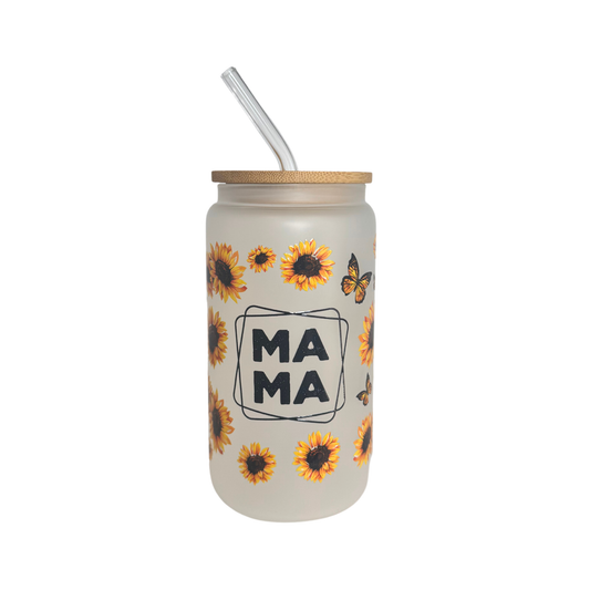 Mama Sunflower Frosted Glass 500ml (16oz) Can Cup