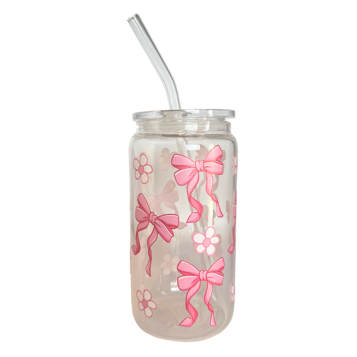 DISHWASHER SAFE- Girly Pop Bows + Flowers 500ml (16oz) Glass Can Cup