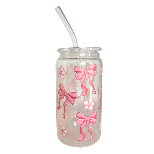 DISHWASHER SAFE- Girly Pop Bows + Flowers 500ml (16oz) Glass Can Cup